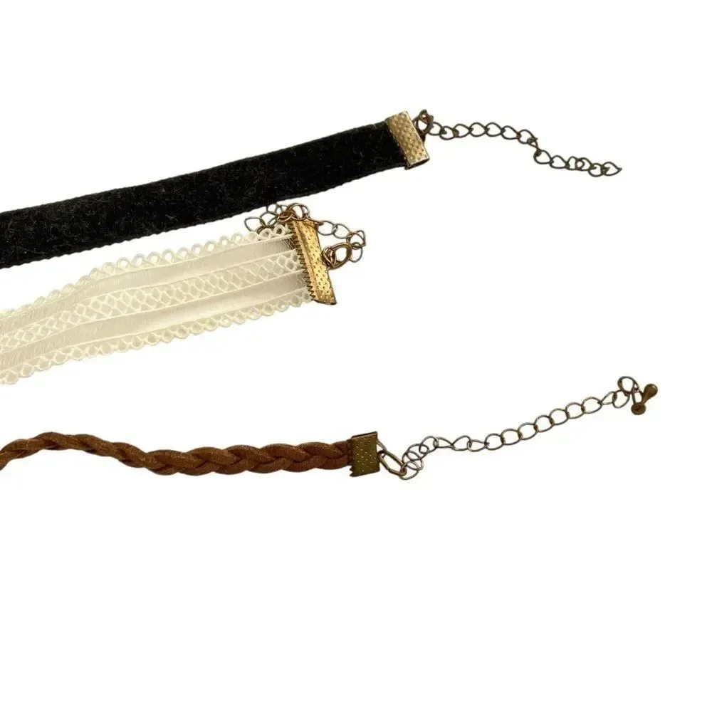 Set of Three Choker Necklaces in Black, Cream, and Brown